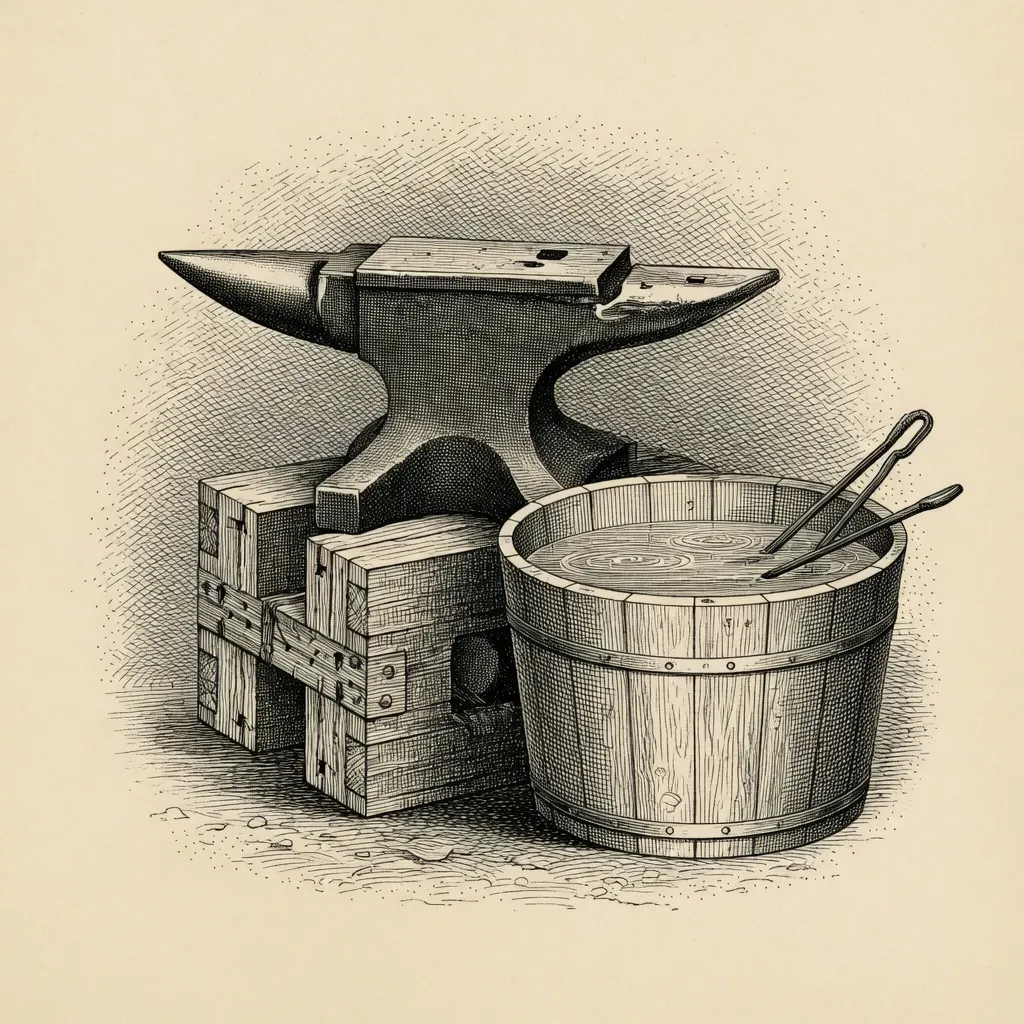 engraving of a blacksmith's anvil on its block, tongs resting across a wooden quench tub beside it