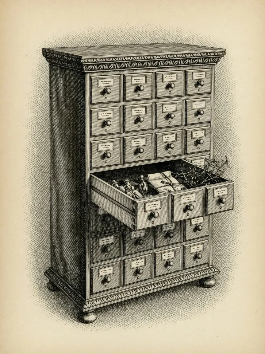 engraving of a tall apothecary cabinet of small drawers, their labels illegible scribble marks, one drawer pulled open to show bundled herbs, small corked vials, and a tied paper packet