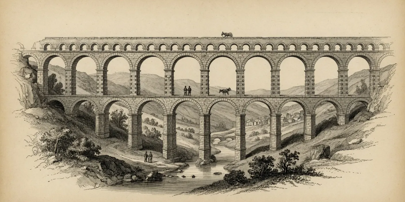 engraving of a many-arched stone aqueduct crossing a valley