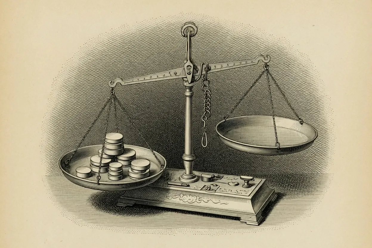 engraving of an assayer's precision balance with small weights