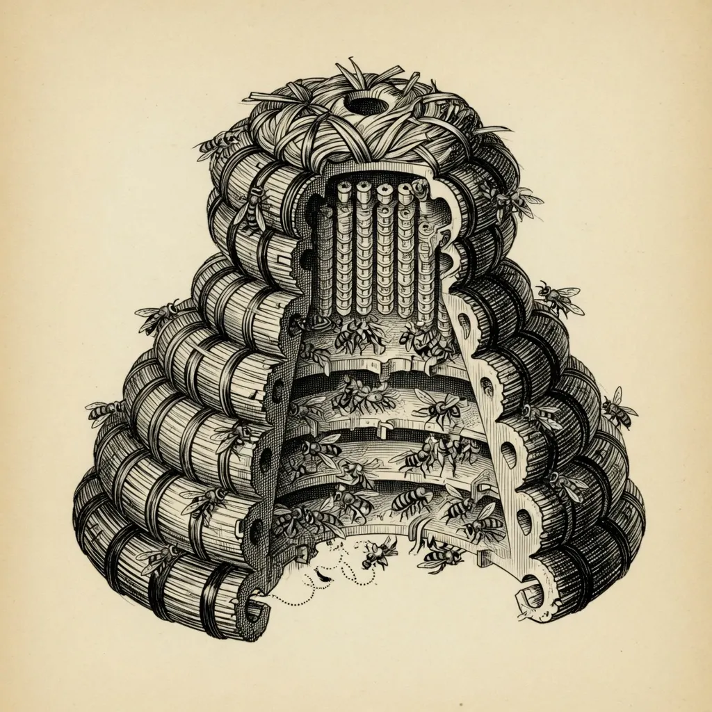engraving of a coiled-straw bee skep cut away in a wedge to expose the layered combs inside, bees working the combs