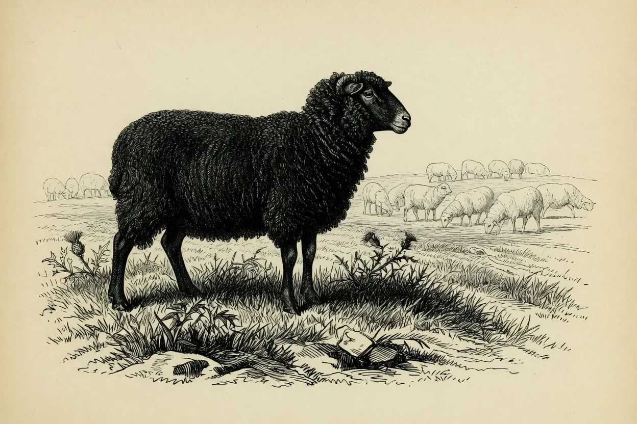 engraving of a single black-fleeced sheep standing in profile on rough pasture with thistles at its feet, a flock of pale sheep grazing at a distance behind it