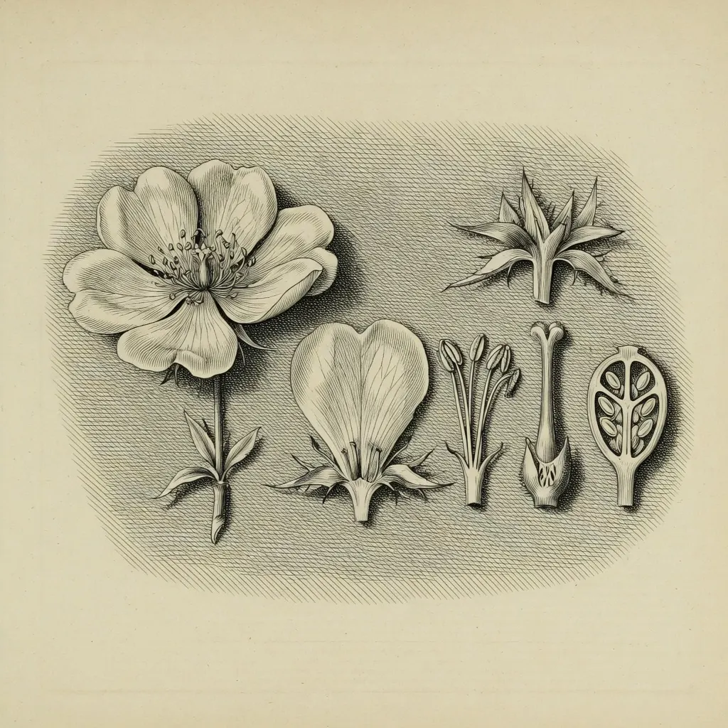 engraving of a botanical dissection: one full flower on its stem at left, and in sequence to its right the calyx and sepal whorl, a split petal, a cluster of stamens, an isolated pistil, and a seed pod in cross-section, all on one shared hatched ground