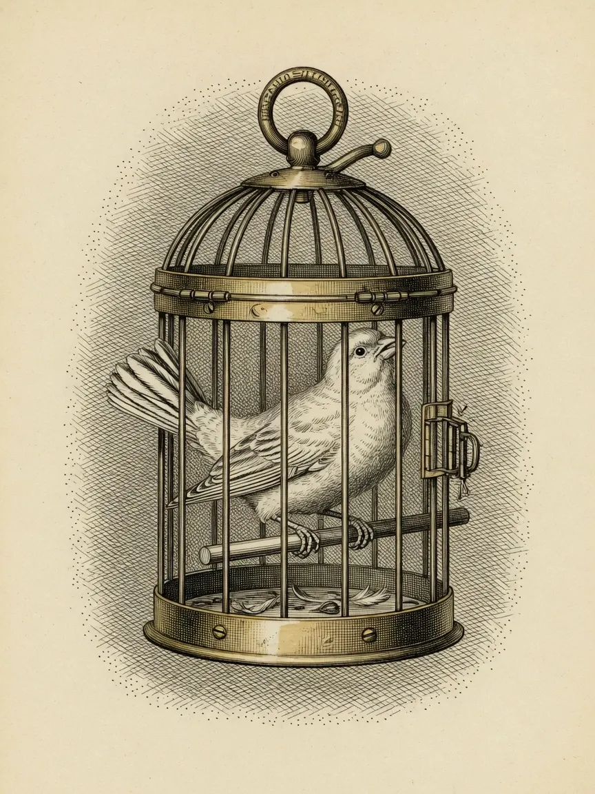 engraving of a small canary perched on a bar inside a domed brass birdcage hung by a ring from a chain, the ring carrying a faint illegible foundry-style scroll mark, seed scattered on the cage floor
