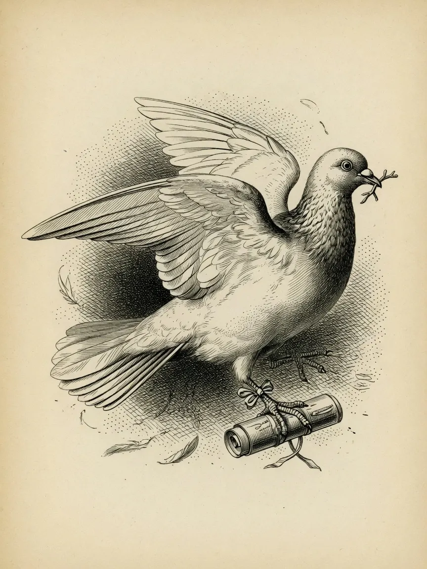 engraving of a pigeon with wings spread mid-motion, a cylindrical paper message capsule tied with cord to one leg, loose feathers scattered below