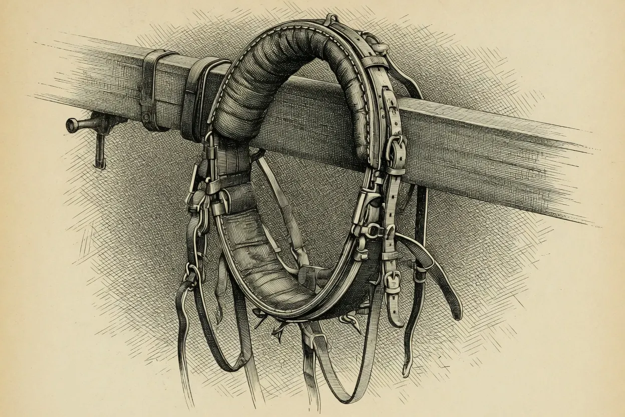 engraving of a horse collar with hames buckled around it, hung over a stable rail, several leather traces and straps dangling loose below