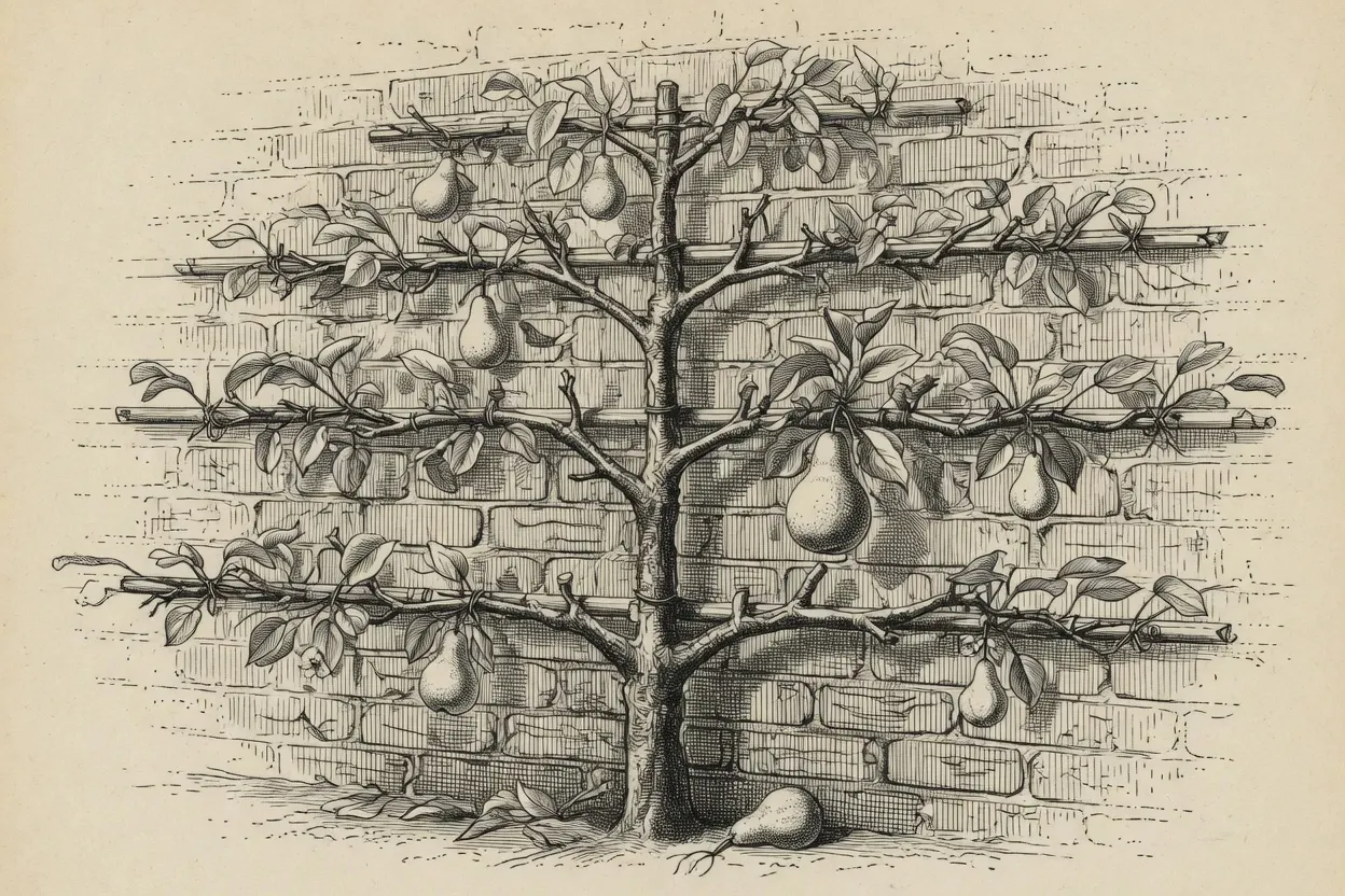engraving of a pear tree trained flat in horizontal tiers against a brick garden wall, branches tied to horizontal support wires, pears hanging at several tiers and one fallen at the base of the trunk