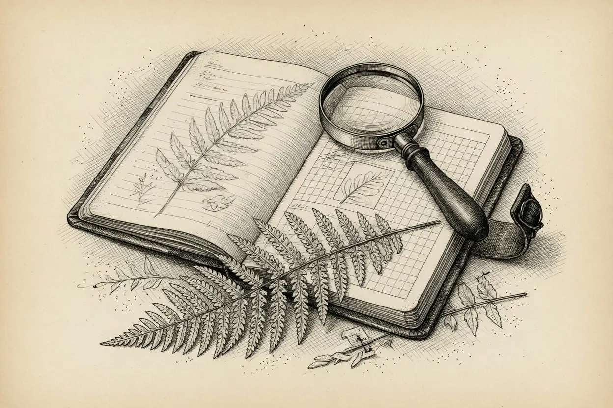 engraving of an open field notebook holding a pressed fern and loose specimen leaves, a hand lens across the facing page
