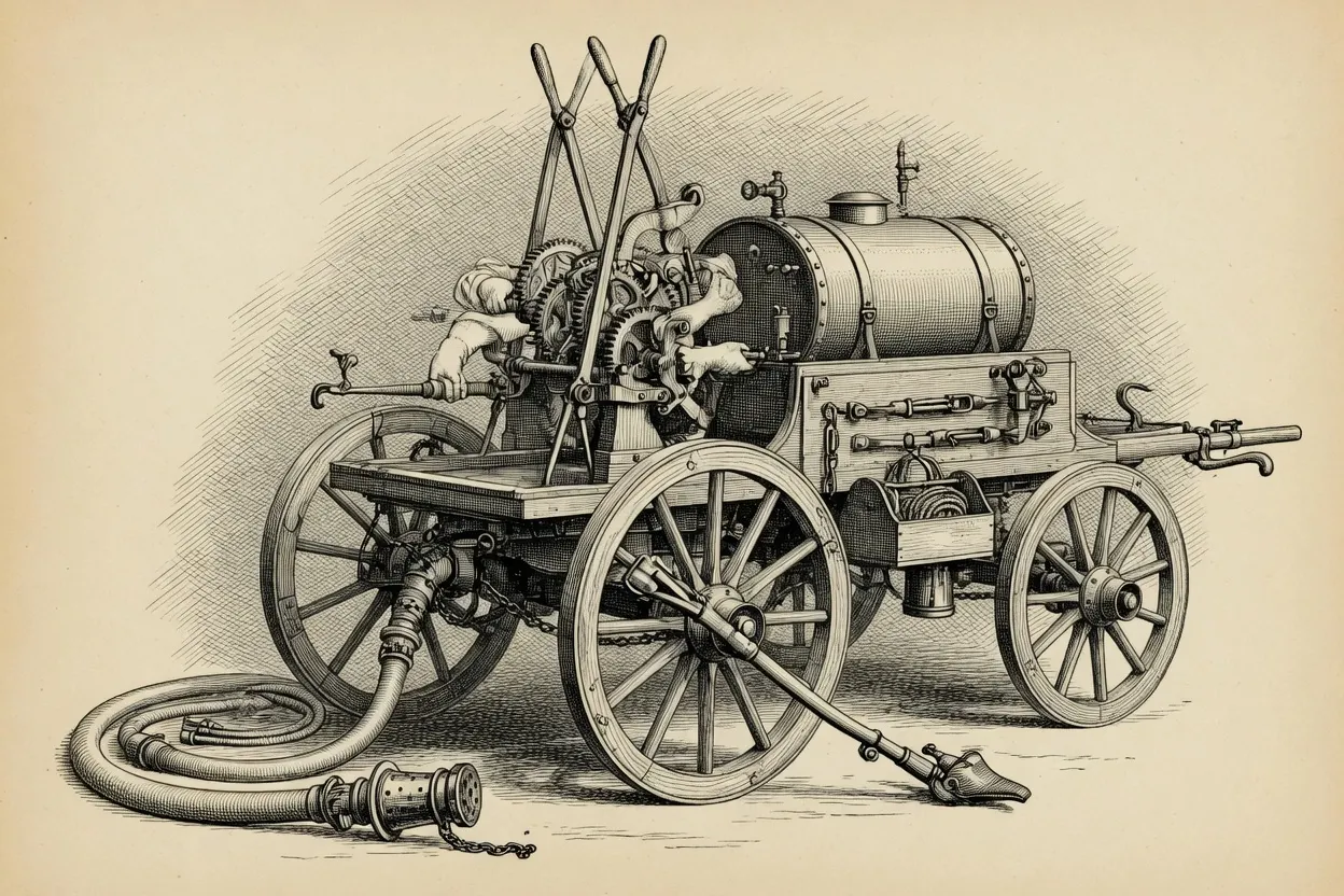 engraving of a horse-drawn, hand-pumped fire engine in three-quarter view: large spoked wheels, a cylindrical tank, cross-brace pump handles rising at the centre, and a coiled suction hose with its strainer nozzle unrolled in front