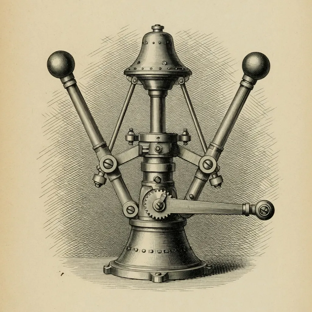 engraving of a centrifugal flyball governor: two ball weights on hinged arms atop a central spindle, linkage arms running down to a small gear and a horizontal output rod, a bell-shaped housing above, a flared base below
