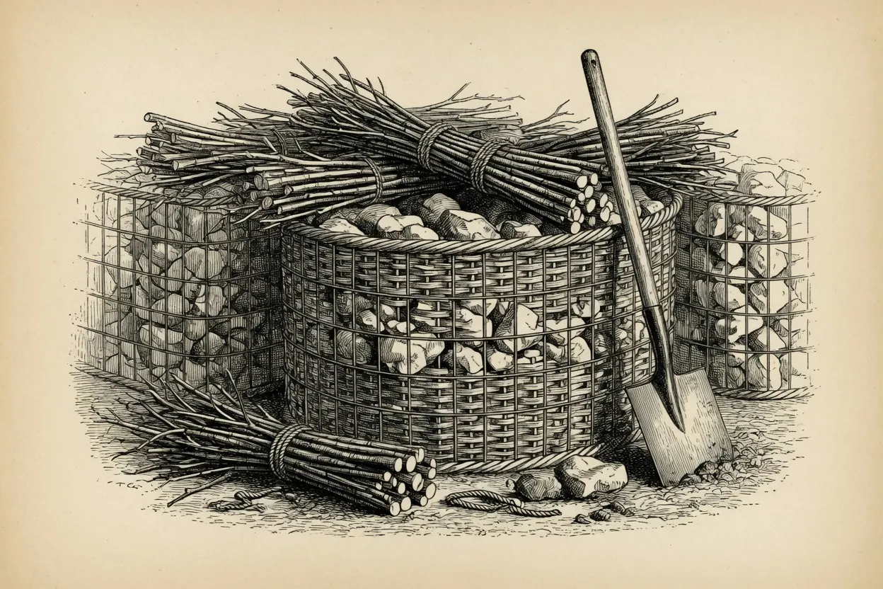 engraving of three wire-mesh gabion baskets packed with rounded stones, stacked as a wall segment, two bundled fascines leaning against and lying in front of the baskets, a spade driven into the ground beside them
