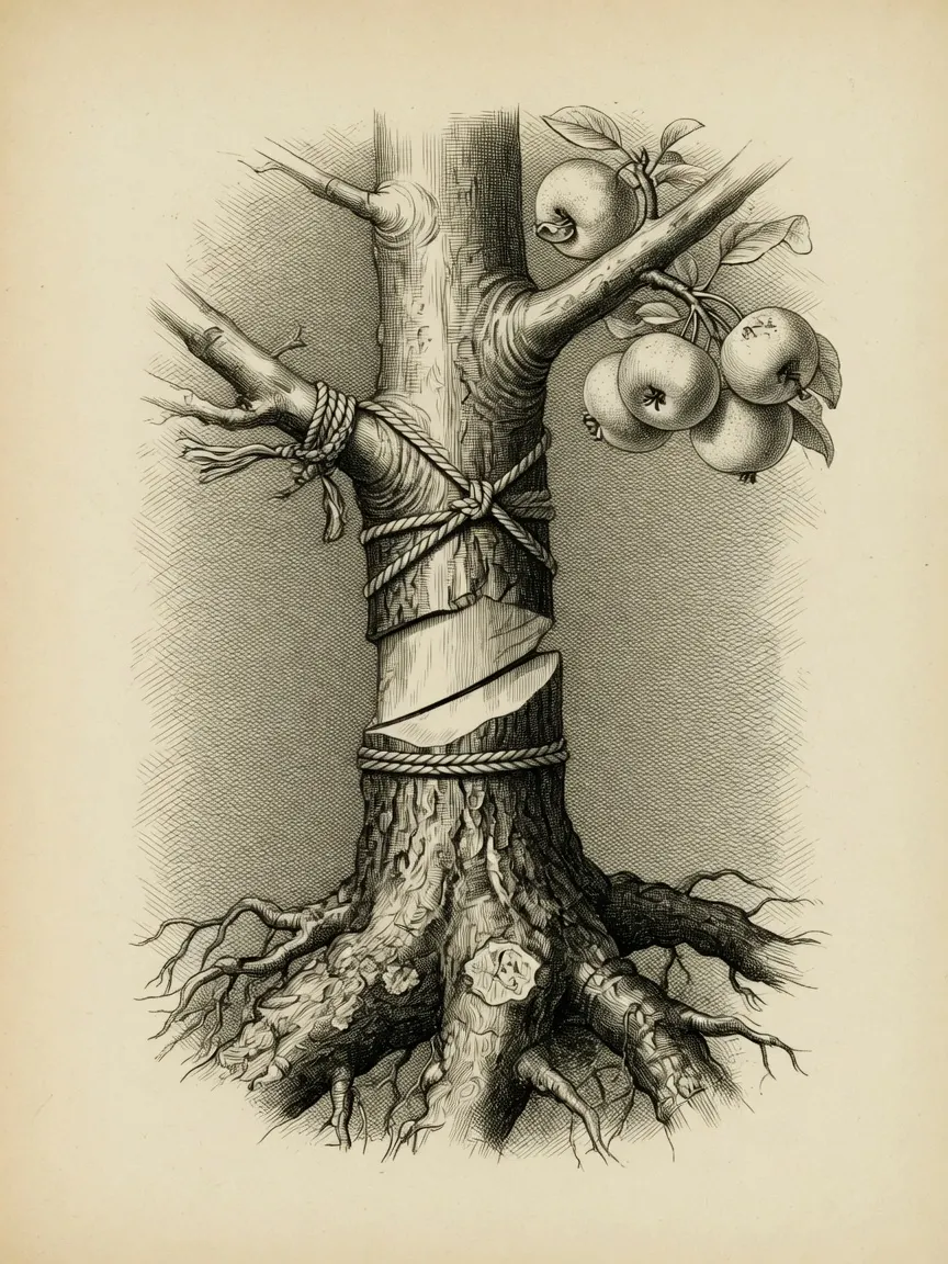 engraving of a tree trunk showing a graft union bound in a splint and knotted rope, one stub branch tied off at the left, gnarled roots exposed at the base, the scion side above right carrying leafy branches with apples