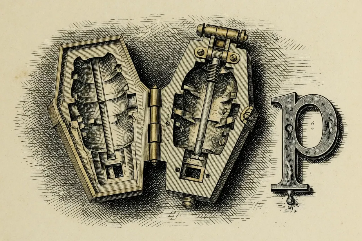 engraving of a typefounder's hand mould open on its hinge, both jaws exposing the internal letter-cavity mechanism, a single freshly cast lowercase p sort standing beside it