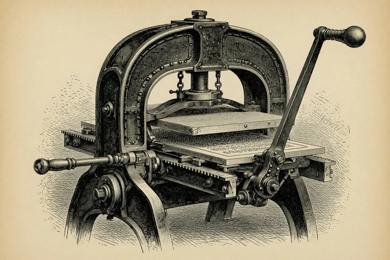 engraving of an iron hand printing press
