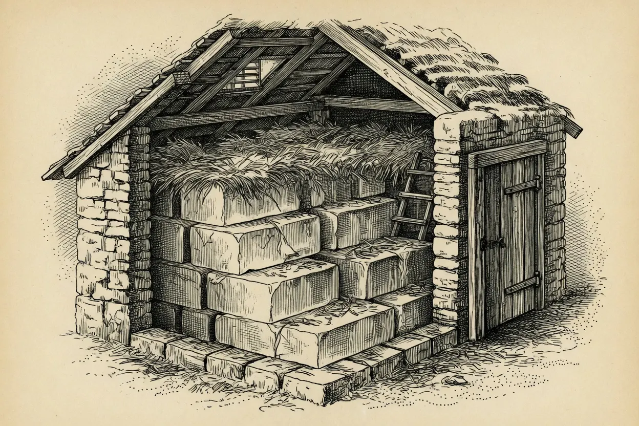 engraving of a stone-and-timber ice house with its front wall cut away, four courses of large ice blocks packed under thick straw thatch, a short ladder leaning against the stack, a plank door to the right