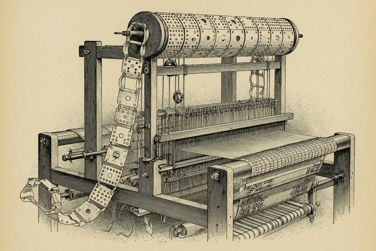 engraving of a wooden-framed Jacquard loom seen at an angle, the perforated card cylinder at top front with its chain of punched cards falling down the left side, heddles and warp threads below, woven cloth on the front roller