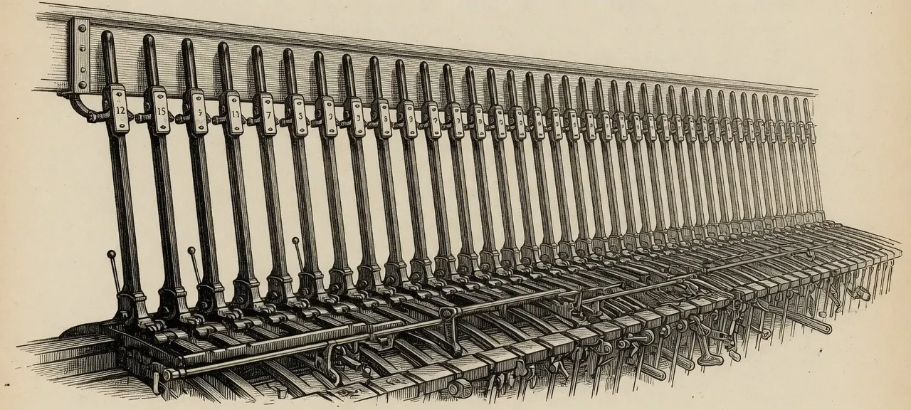 engraving of a long bank of signal levers, packed edge to edge across the frame, each carrying a small numbered tag