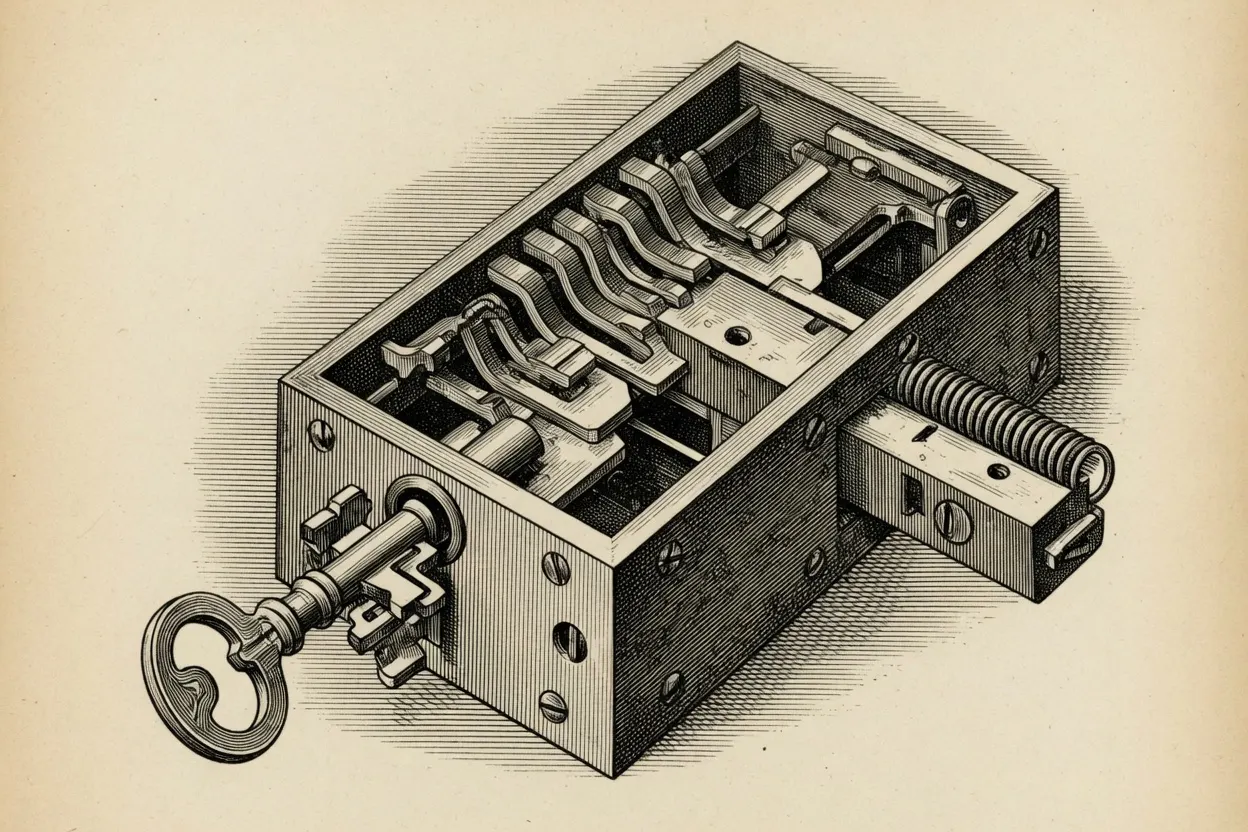 engraving of a cutaway iron lever lock with its case opened to show the stacked levers, the bolt, and the coil spring, a key turned in the keyhole at the front