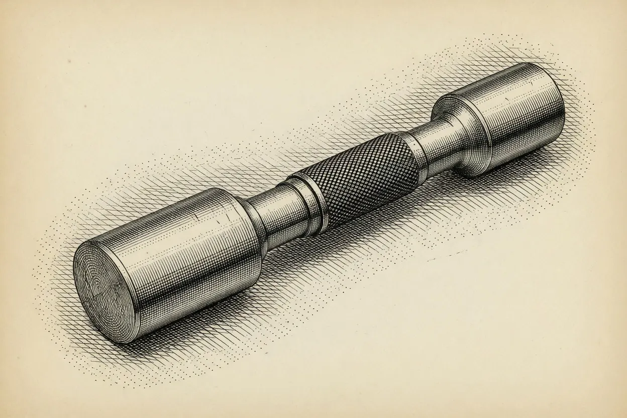 engraving of a double-ended cylindrical plug gauge resting at a diagonal, two stepped cylindrical ends of differing diameter joined by a knurled, cross-hatched grip band in the middle