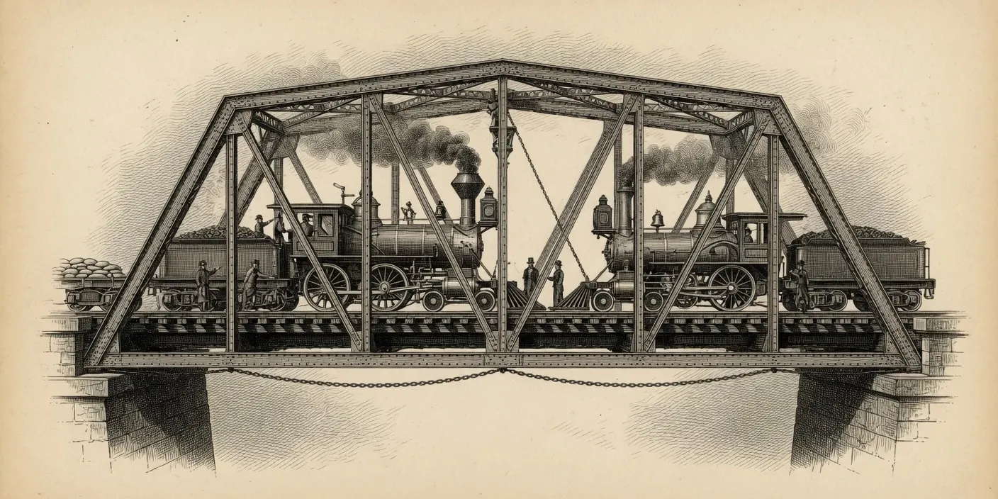 engraving of two steam locomotives with loaded tenders facing each other nose to nose on a riveted iron truss bridge span, both venting heavy smoke, several period railway workers on the deck for scale, the span resting on stone piers
