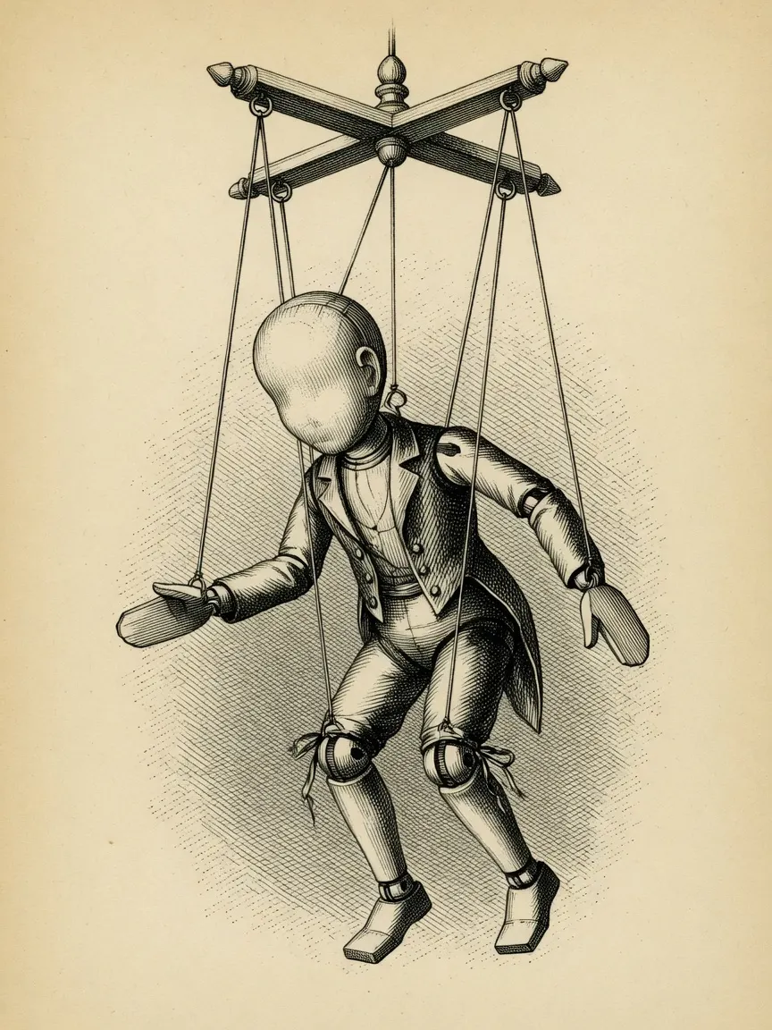 engraving of a jointed wooden marionette in a period jacket and waistcoat, hanging from a cross-shaped control bar with a central finial, strings taut from the bar to the shoulders and to bows tied at both knees, flat paddle-shaped hands, the head smooth and entirely without a face