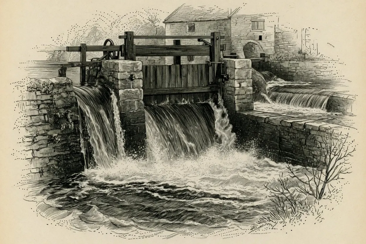 engraving of a stone mill weir with a wooden sluice gate open at the centre, water pouring through in heavy churning cascades into a turbulent pool below, a stone mill building with a small window behind the gate, a secondary spillway to the right, bare branches at the foreground right