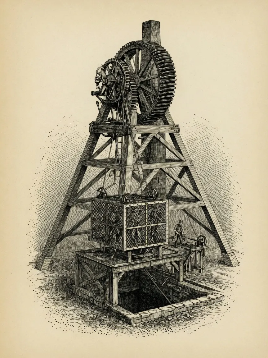 engraving of a timber A-frame mine headframe with a large toothed winding gear and hand crank at the top, a mesh-sided cage hanging mid-descent on its cables above an open brick-lined shaft mouth