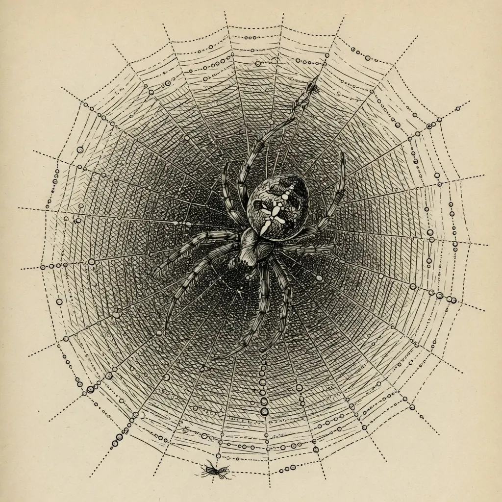 engraving of a large orb-weaver spider centred in its own radial web, legs spread across the hub, dew drawn as small circles along the spiral, a tiny insect caught at the lower edge