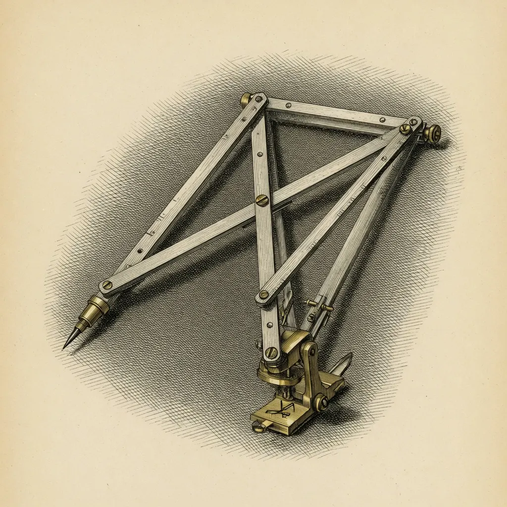 engraving of a pantograph drafting instrument, its hinged parallelogram arms linking a tracing point to a pen