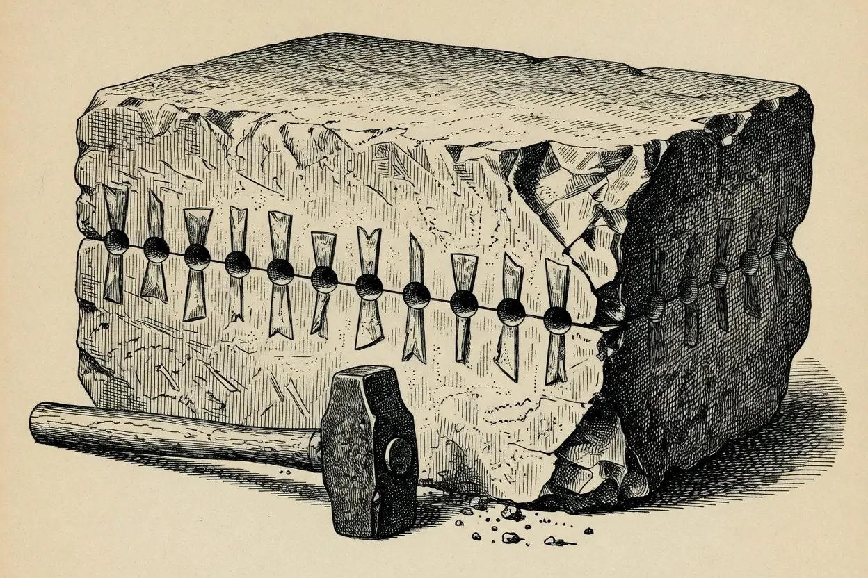 engraving of a quarried stone block split open along a drilled line of plug-and-feather wedges, a hand sledge lying on the ground beside it