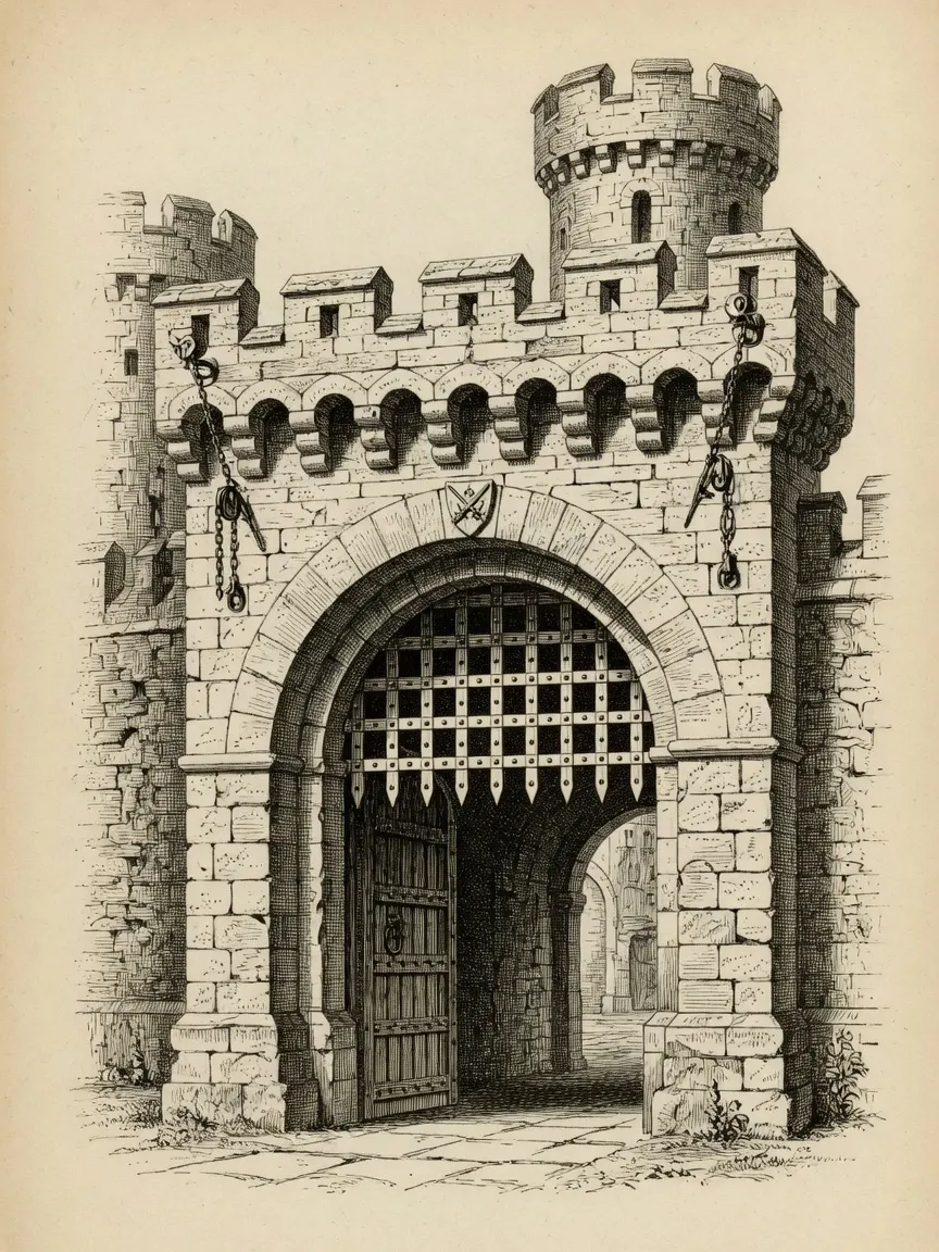 engraving of a stone fortress gatehouse: twin lifting-chain hooks flanking a pointed arch, the lattice portcullis raised into the arch with its teeth hanging down, an open wooden door beneath, and crenellated battlements with a corner turret above