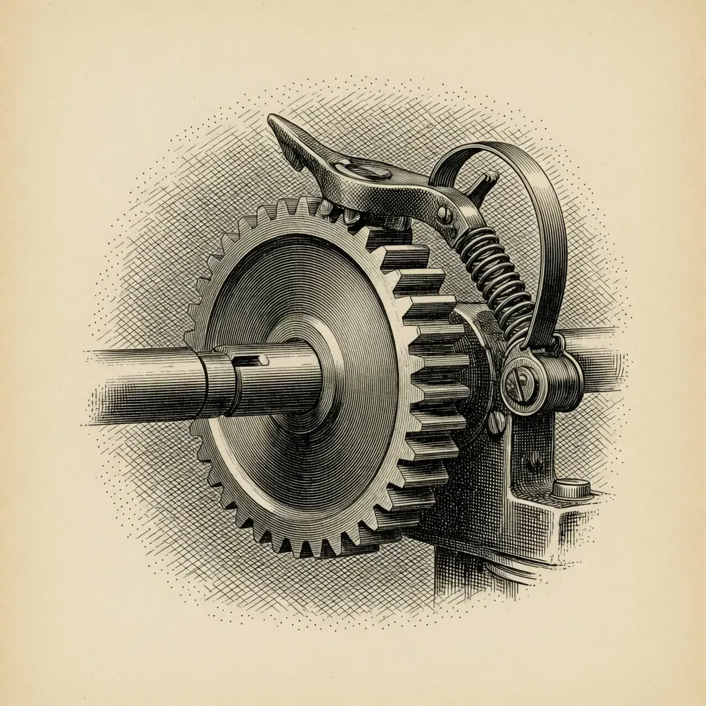 engraving of a toothed ratchet wheel on a shaft, a hooked pawl engaging the teeth from above, a coil spring tensioning the pawl, mounted on a small bracket