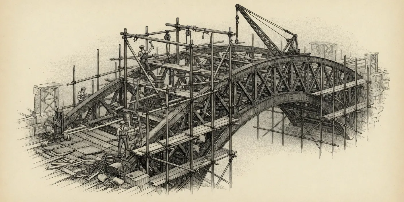 engraving of a stone arch bridge mid-construction, braced in timber scaffolding, a derrick crane hoisting a girder at the crest