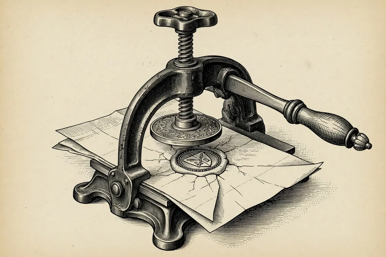 engraving of a cast-iron desk sealing press with a screw column and lever handle, its die pressing a wax seal onto a folded parchment document on the bed beneath