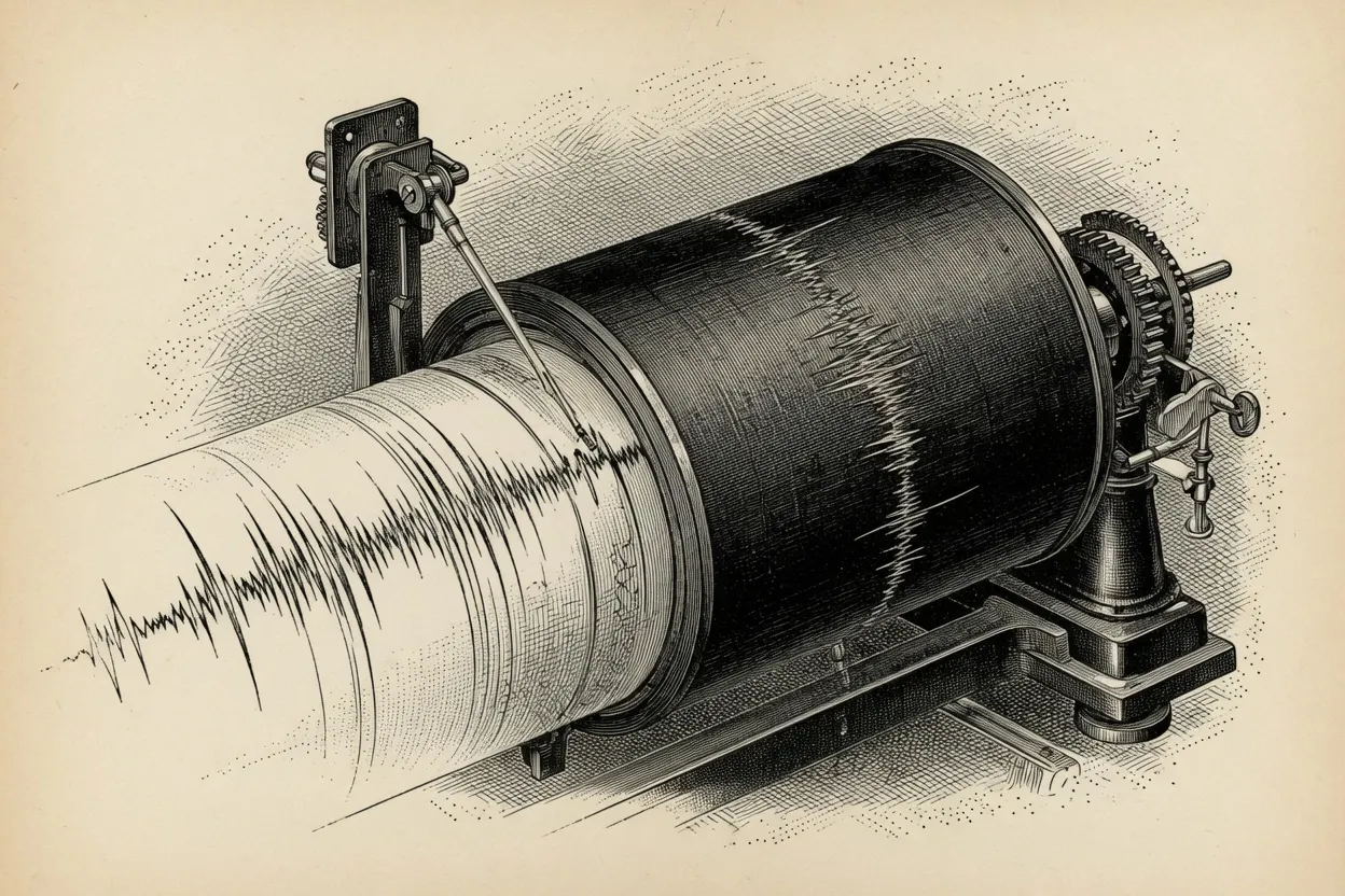 engraving of a cylindrical drum coated in smoked, blackened paper, angled diagonally, a stylus arm scratching a jagged trace through the coating, a plain unsmoked band showing an earlier trace, a small gear train at the drum's far end, mounted on a simple stand