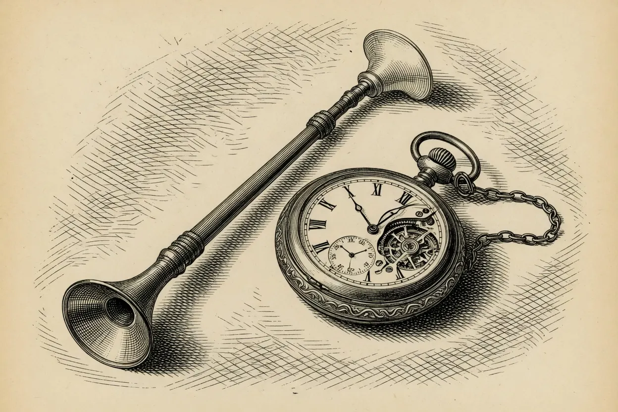 engraving of a monaural trumpet-form stethoscope laid diagonally beside an open-cased pocket watch on a chain, the watch face showing Roman numerals and a subdial, the case open enough to hint at the movement