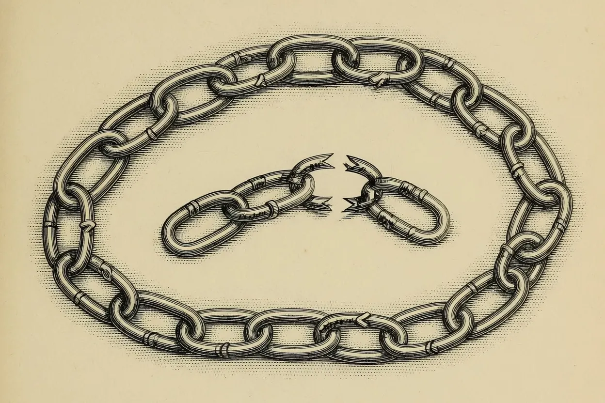 engraving of a Gunter's-style surveyor's chain coiled into a loop of oval links, one link broken open at the centre of the loop with jagged ends separated, a small link fragment lying beside it