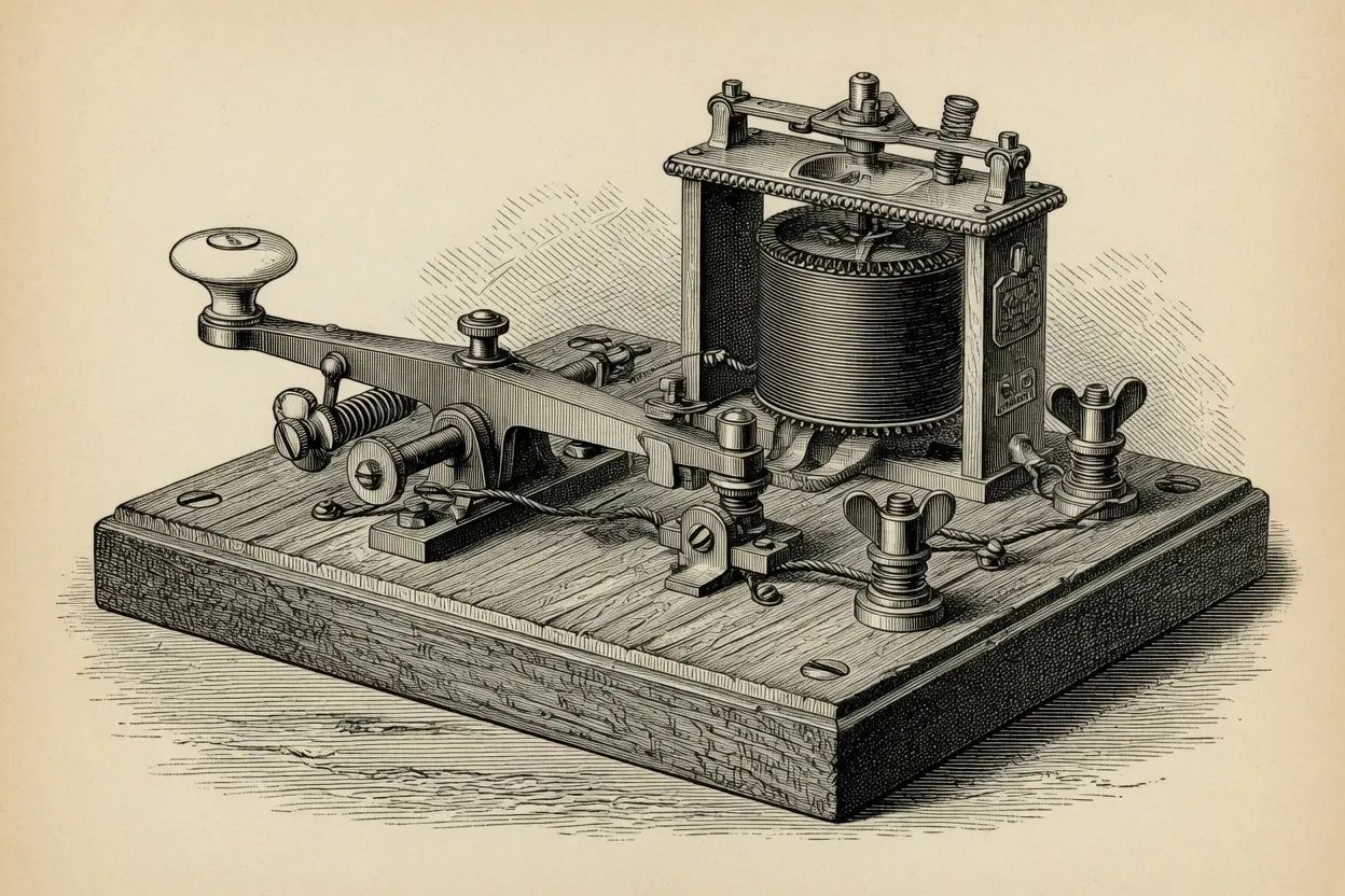 engraving of a telegraph key and sounder mounted on a wooden base: the key's pivoting lever with its knob at left, wired to an electromagnet sounder with coil, armature bar and adjusting screws at right