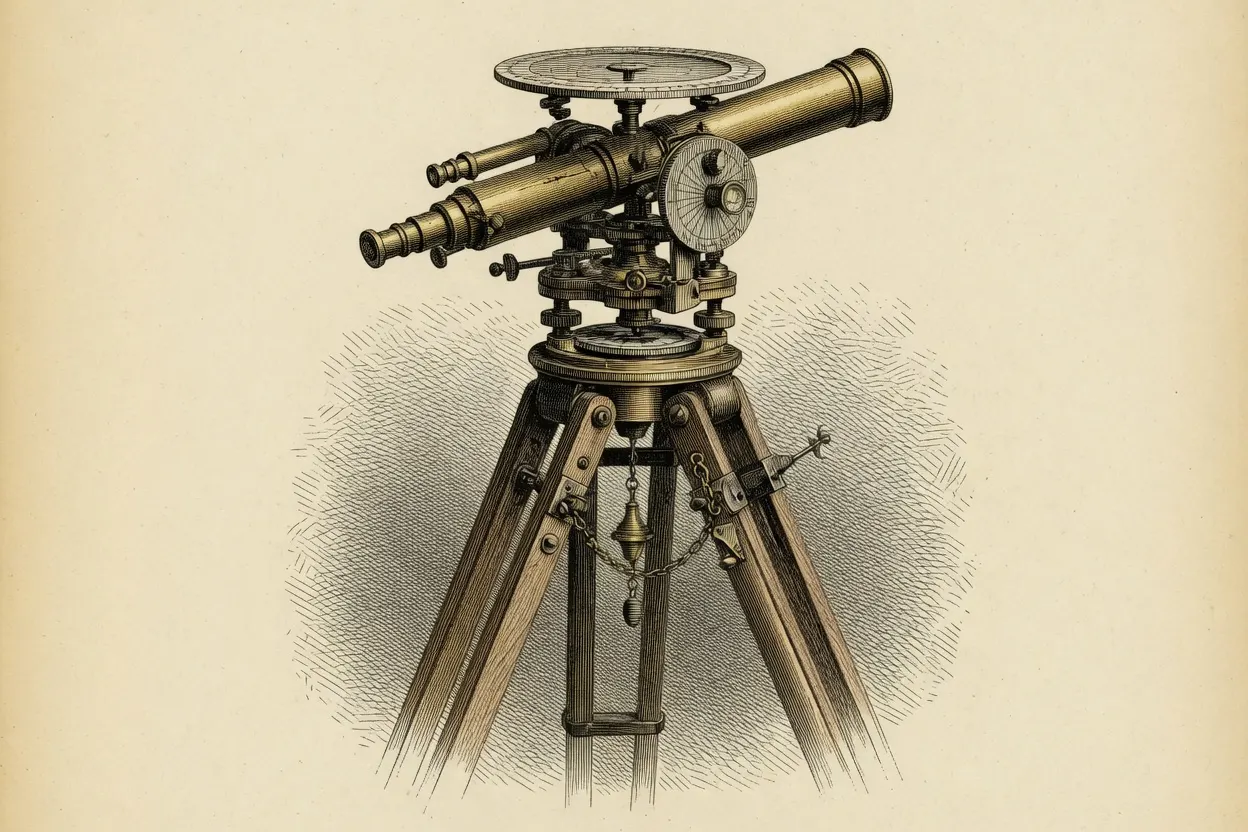 engraving of a surveyor's theodolite on a wooden tripod