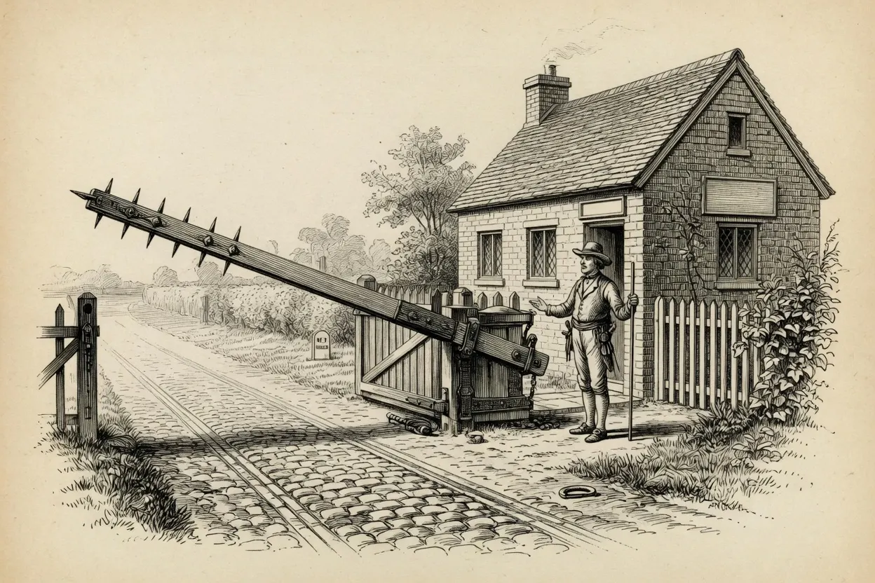 engraving of a spiked wooden turnpike bar raised across a cobbled road, pivoting from a stone gatepost beside a small gatekeeper's lodge with a peaked tiled roof and a smoking chimney, a period-dressed gatekeeper standing in the doorway