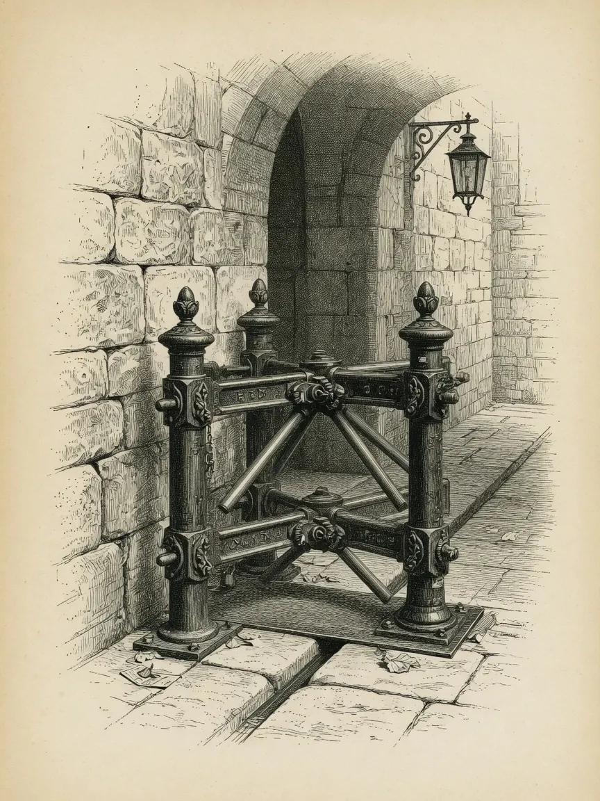 engraving of a three-armed cast-iron turnstile with two stacked sets of crossed arms, set in a stone-block archway, a wall-mounted lantern beside it, flagstone floor, decorative foundry scrollwork on the arm bars