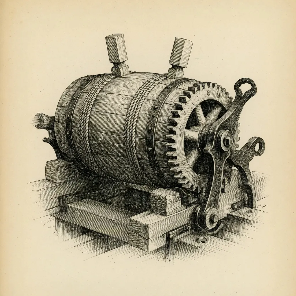 engraving of a ship's windlass, a rope-bound barrel drum on a timber frame with a toothed ratchet and pawl