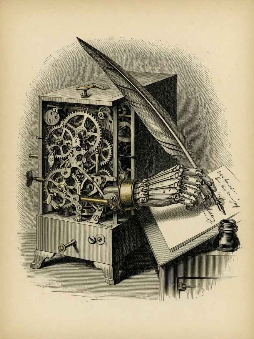 engraving of a wooden automaton with its side panel open on an exposed clockwork gear train, its jointed mechanical hand holding a quill over an open ledger page beside an inkwell